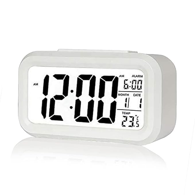 OFFERZONE Digital Display Alarm Clock Table Clock with Automatic Sensor, Date & Temperature Clock for Students, Home and Office Table Décor (White)