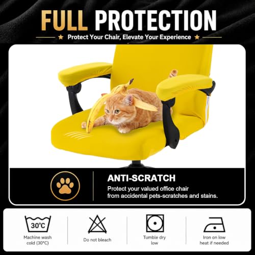 Image of DIVA EN CAMINO DEC Stretch Computer Office Chair Cover with Armrest Covers Durable Zipper Universal Washable Removable Spandex Rotating Boss Chair Slipcovers Anti-dust Soft Seat Protector, Yellow