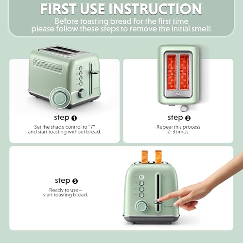 Image of BUYDEEM DT620 2-Slice Toaster, Extra Wide Slots, Retro Stainless Steel with High Lift Lever, Bagel and Muffin Function, Removal Crumb Tray, 7-Shade Settings,Cozy Greenish