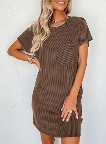 Image of Acelitt Womens Casual Summer Crewneck Short Sleeve Ribbed Mini Tshirt Dress, XS-3XL
