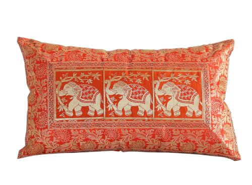 Image of Ravaiyaa - Attitude is everything Banarasi Brocade Silk Pillow Cover Elephant Design Cushion Pillow Sham Case Home Decorative Set of 2 Piece 12 inch X 20 inch Inch