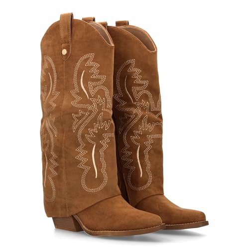94744 Bota para Mujer Estilo Cowboy, acabada en Punta y con Grabados Bordados en la Cana. Tacon Cubano y Cierre de Cremallera. Ideal Otono Invierno. Camel Talla 37