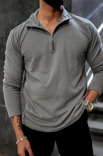 Image of KAJARU Men's Quarter Zip Pullover T-Shirt, Textured Ribbed Long Sleeve, Casual Mock Neck