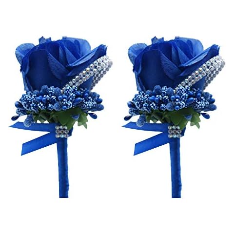 shiwaki 2pcs Artificial flower Men Boutonniere Handmade Silk rose Men Corsage for prom Wedding Party Wedding supplies decoration (royal blue) Cover