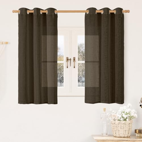 Image of LAMIT Brown Linen Curtains 48 Inch Length for Bedroom Kitchen Window, Light Filtering Semi Sheer Panels Bronze Grommet Burlap Drapes for Small Windows, 2 Panels, Dark Brown, 34 x 48 Inch