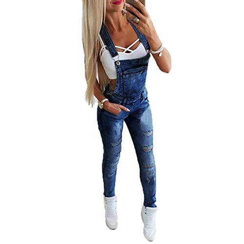 HUAZONG Salopette déchirée pour femme en jean bleu vintage décontracté coupe droite patinée Salopette Salopette en jean Pantalon - Bleu - M Cover