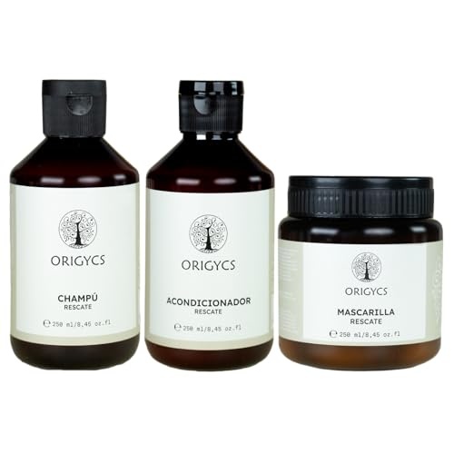 Origycs Pack Champú + Mascarilla + Acondicionador Rescate 250ml - Sin Sulfatos ni Siliconas | Hidratante con Extractos de Uva y Algodón| Vegano y 92.6% Ingredientes Naturales