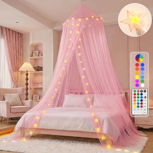 Obrecis Pink Bed Canopy for Girls, Bedroom Decor Princess...