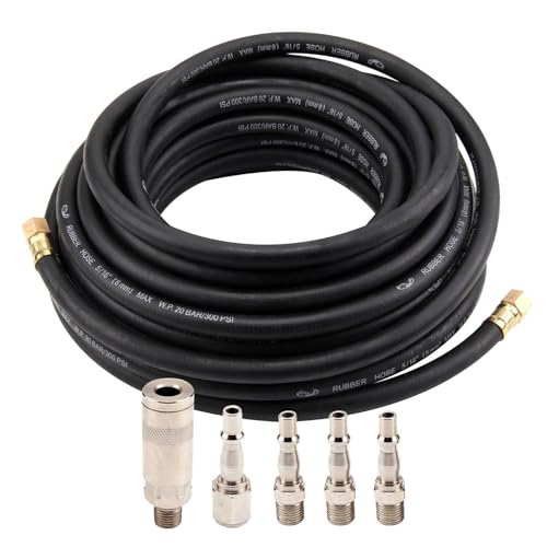 15m Air Compressor Hose Kit 9.5mm ID/15mm OD Heavy Duty Rubber Air Line with 5 Quick Release Fittings (1/4") 300PSI Pressure Rating