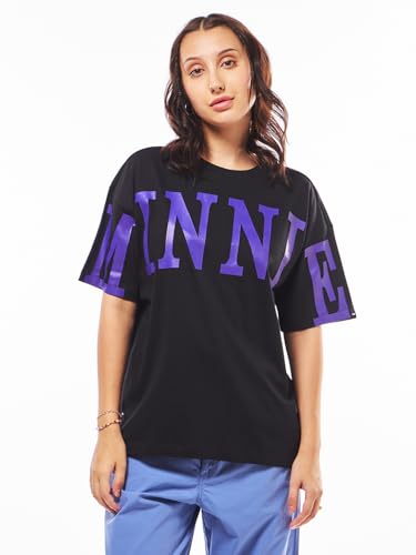 Image of Bewakoof Official Disney Merchandise Minnie Women Graphic Printed Oversized Fit Half Sleeve Round Neck Cotton Jersey T-Shirt
