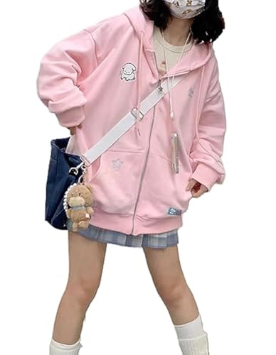 OATSBAS Sudadera con capucha Kawaii con cremallera para mujer, lindo bordado de dibujos animados, sudadera de gran tamaño Harajuku Kawaii con capucha, Rosa grueso., M