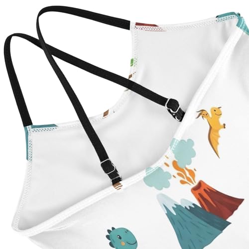 Cute Cartoon Dinosaurs White Girls Swim Suit with Adjustable Shoulder Strap, Beach Swimwear, 3-104