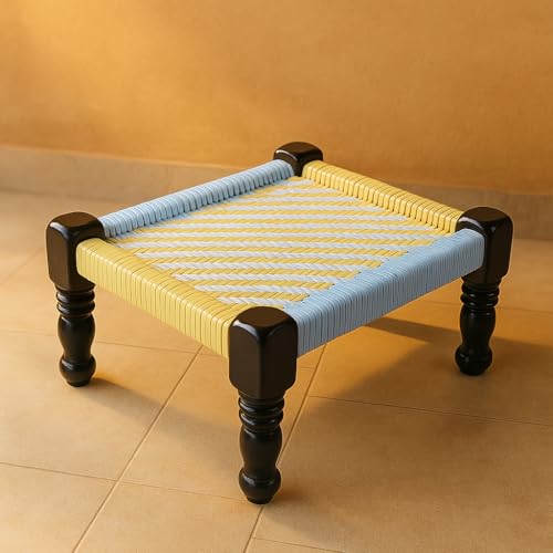 Image of Traditionnal Wooden Rope Pidda Khatli Peedi Mudda Chowki Stool for Sitting,Puja,Home and Outdoor 15x15x8.
