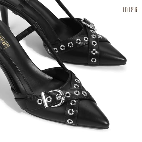Image of IDIFU IN3 Slingback Kitten Heels for Women Stiletto Heel Closed Pointed Toe Pumps Buckle Straps Dress Shoes Sexy Prom Party Work Trendy Fashion Comfortable Pumps Dressy Shoes