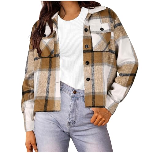 Flannel Shirt Women Cropped Shacket Jacket 2025 Fashion Fall Coat Casual Plaid Button Down Shirts Teacher Outfits