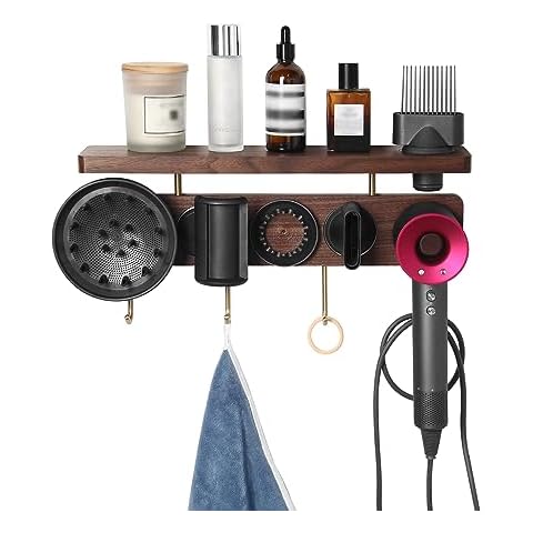 Affogato Walnut Storage Holder Compatible with Dyson Supersonic Hair Dryer and Attachments, Wall Mount Holder with Shelf Organizer for Bathroom Bedroom, Walnut Wood Cover