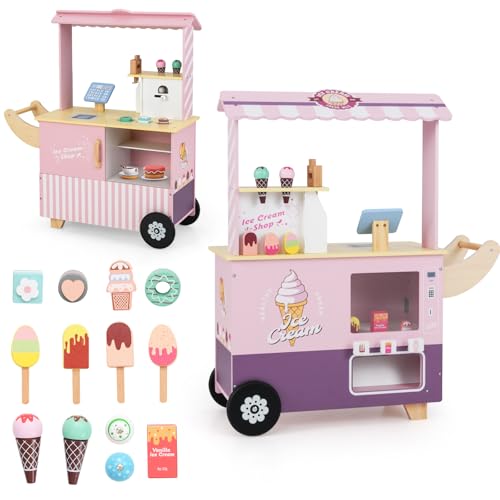 HOMASIS Kinder Eiswagen Holz mit 15 Zubehör, Kaufladen mit 6...