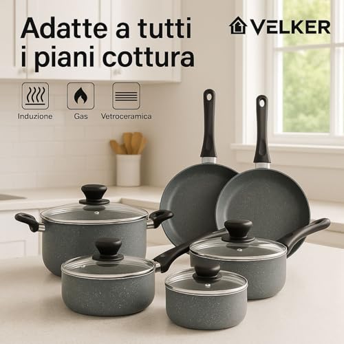 Velker - batteria da cucina a induzione 8 pezzi - kit pentole a induzione con rivestimento antiaderente adatto a tutti i piani cottura. Set pentole cucina - immagine 3