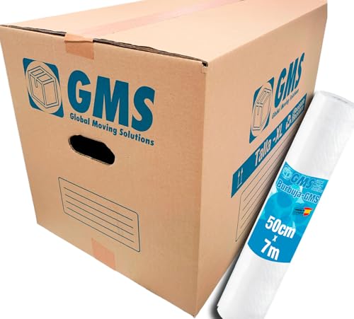 GMS - 20 Cajas Cartón Mudanza 55x35x35cm Talla XL de 67L + Burbuja Para Mudanzas y Almacenaje con Asas y Con Burbuja. Cartón Alta Resistencia (20Cajas 55x35x35cm + Burbuja)