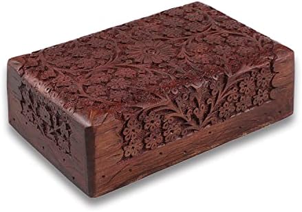 Handy Kala Wooden Box-Sheesham Wood Handmade Jewellery Box with Lid, Velvet Interior, Floral Carving Detail, Brass Inlay-Storage Box for Crystals,Jewels,Trinket,Charms,Valuables(Small, Brass&Carving)