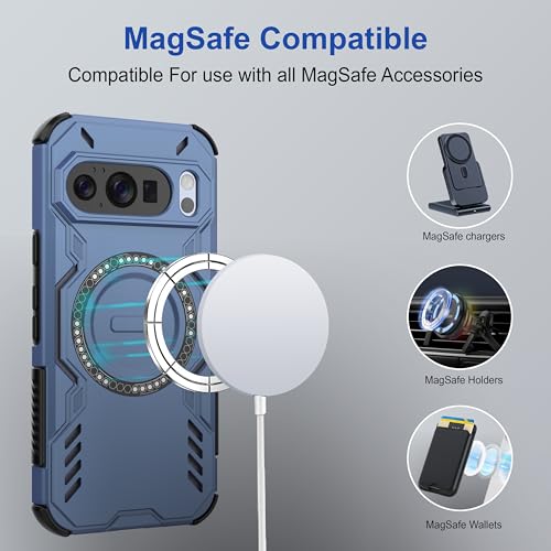 Image of amazon basics Back Case Cover for Google Pixel 10 Pro | Magnetic Case with Built-in Metal Ring | Supports MagSafe Charger, Wallet & Car Mount | Shockproof Hybrid PC + TPU | Blue