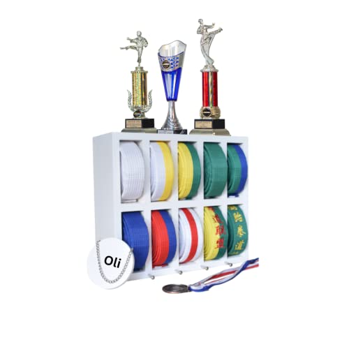 Uprise Designs Karate Belt Display Rack 10 Belt Personalized. Taekwondo Belt Display And Martial Arts Belt Display. Unique Karate Belt Holder, Trophy Medal Hanger (White) #TOP4