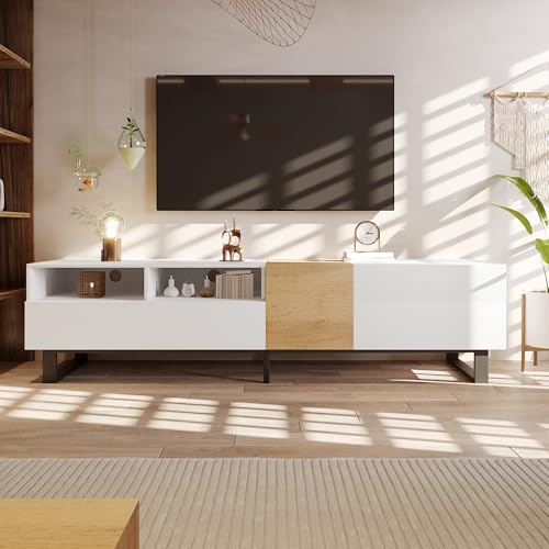 Merax Meuble TV moderne, 180 cm, aspect bois et blanc, console multimédia minimaliste avec espace de rangement, pieds en métal noir, 2 tiroirs et portes