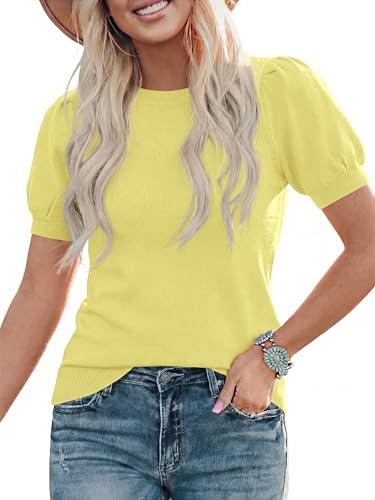 Image of PRETTYGARDEN Womens Sweaters Spring 2026 Summer Puff Short Sleeve Sweater Trendy Cute Knit Work Blouses Business Casual Tops