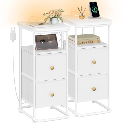 Hzuaneri Juego de 2 Mesita de Noche, con iluminación LED, 1 Puerto USB-A, 1 Puerto USB-C, con 2 cajones de Tela, Mesa Auxiliar, Moderna, para Dormitorio y Sala de Estar, Blanco NS12213W
