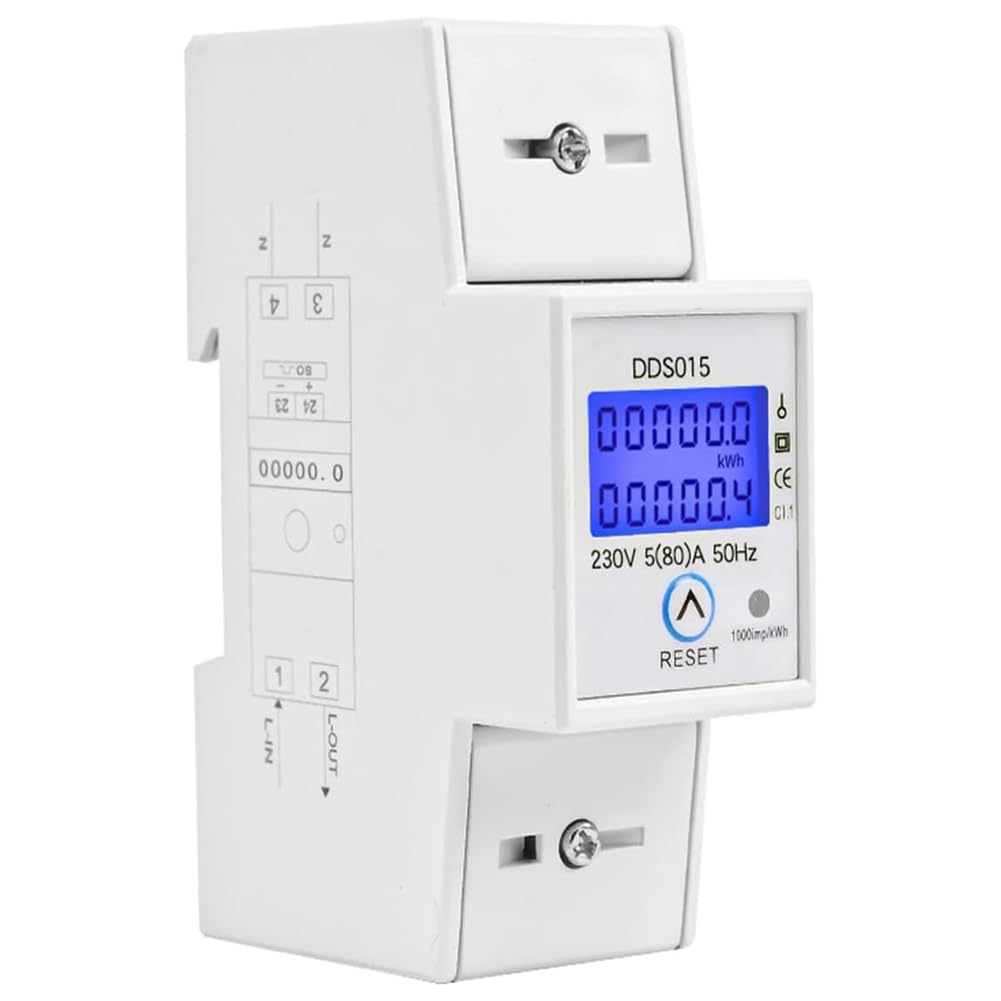 Barturry Digital Single Phase Energy Meter 5-80A 230V 50Hz Energy Meter DDS015 35mm DIN Rail Mount withClear Display Backlight