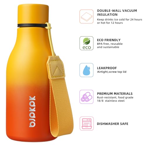 Image of BJPKPK Insulated Water Bottles, 12oz Stainless Steel Metal Water Bottle with Strap, BPA Free Leak Proof Jugs, Mugs, Flasks, Reusable Thermal Flasks for Sports & Travel, Sunset Orange