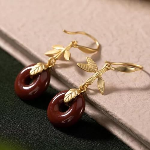 Pendientes de botón de plata S925 con jade rojo natural y hebilla Ping An 6