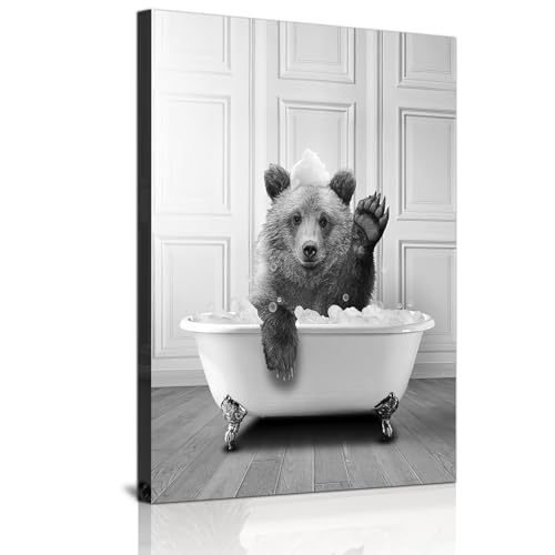 Animales Negro Blanco Pared Impresiones Artísticas, Lienzo Baño Cuadros Juego Divertido Elefante Cebra Pingüinos Jirafa Animal En La Bañera Imágenes Decoración de Baño - Sin Marco (Oso, 30 x 40 cm x 1