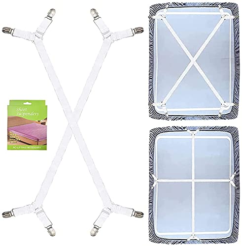 Bambebe Verstellbare Bettlakenspanner, 2 Stück Elastische Spannbettlakenhalter, Betttuchspanner mit Metallclips, Lakenspanner für Bettlaken, Matratze, Bügelbrett Oder Sofa, Weiß Cover