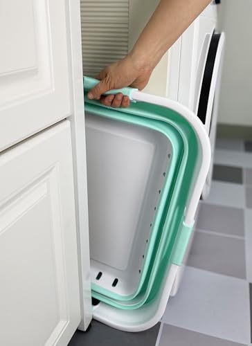 Image of SAMMART 42L (11 gallons) Set of 2 Plastic Foldable Storage Basket /Container - Collapsible, Space Saving and Portable Laundry Hamper, Ideal for Home, Travel, Dorm (2, White /Light Green)
