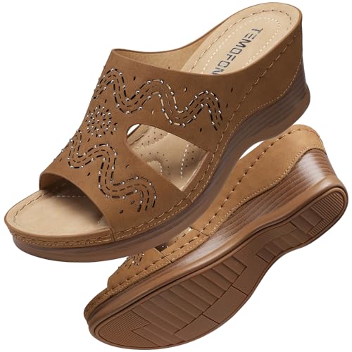 Image of TEMOFON Women Wedge Sandals Dressy: Comfortable Lightweight Summer Shoes | Low Wedge Heel - Fit Wide Feet - Comfy Stylish Slip on Sandals Size 5-11