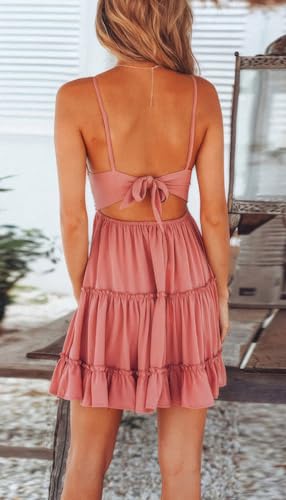 Image of ebossy Women's Sexy Boho V Neck Sleeveless Backless Lace Swing Mini Dress Spaghetti Straps Beach Vacation Sundress