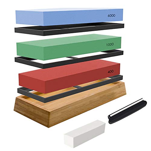 Premium Knife Sharpening Stone kit, Professional Whetstone Sharpener Stone Set with 3 Side Grits 400/1000/6000 Water Stone, Non-slip Bamboo Base, Flatting Stone, Angle Guide