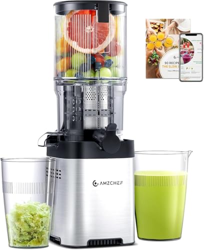 AMZCHEF Cold Press Juicer Machines - Slow Masticating Juicer with 145mm Large Feed Chute, Whole Fruit & Vegetable Juice Maker, Effortless Clean, Triple Filter - Stainless Steel