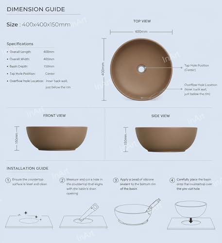 Image of InArt Matte Finish Ceramic Wash Basin, 40D x 40W x 15H cm, Brown, for Bathroom, Restaurant, Hotel