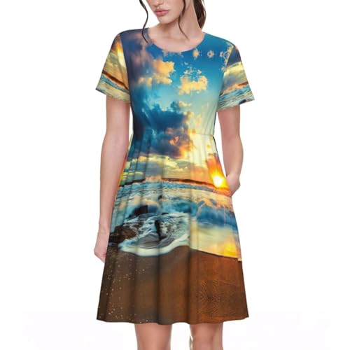 Robe d'été mi-longue manches courtes imprimée pour femme chic