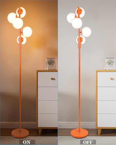 Image of 64IN Dimmable Orange Floor Lamp, Tall Standing Lamps with 5 Globe Soft Warm White Eye Care 3000K G9 Bulbs, Mid Century Modern Floor Lamp with 5Lbs Heavy Base for Living Room Bedroom Office