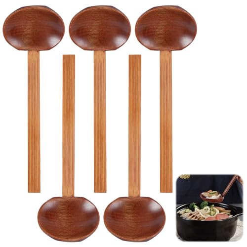 5 Pièces Grande Louche de Cuisine en Bois pour Soupe, 22 cm Naturelle Ronde Nanmu Cuillère à Porridge, Cuillère en Bois de Style Japonais à Long Manche,...