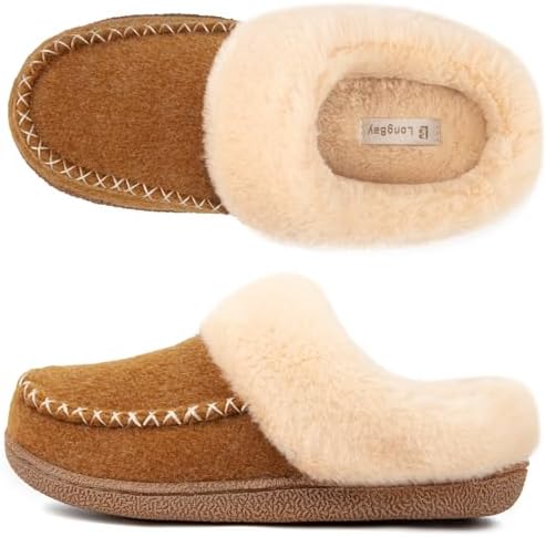 LongBay Women’s Moccasin Slippers Faux Wool Felt Slip-On Bedroom Clog Comfy Memory Foam Indoor Outdoor House Shoes with Fuzzy Collar
