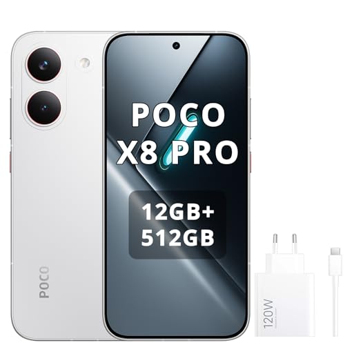 XIAOMI Poco X8 Pro Smartphone 12GB+512GB, procesador Dimensity 8500 Ultra, batería de 6500 mAh, pantalla AMOLED ultra brillante, cámara principal Sony IMX882 de 50 MP con OIS, color blanco, incluye