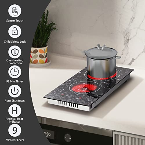 Image of Karinear Portable Electric Cooktop 2 Burners, 110v Plug in Electric Stove Top, Countertop Use or Built-in Install, 12'' Ceramic Cooktop with Beautiful Marble Patterned