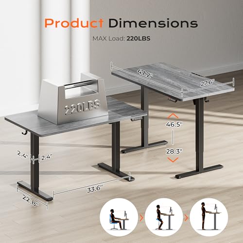 Huuger 48 x 28 Large Electric Standing Desk, Height Adjustable Desk, 27.6" Deep Desktop, Stand up Gaming, 2 Hooks, 3 Preset Heights, for Home Office, Grey