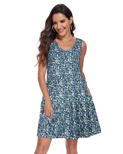 Image of Sundresses for Women Summer Sleeveless Tiered Swing V Neck Tank Dress | 2026 Casual Loose Tank Dress with Pockets, A-Line Flowy Beach Sun dress, Vacation Cruise Fashion Outfits