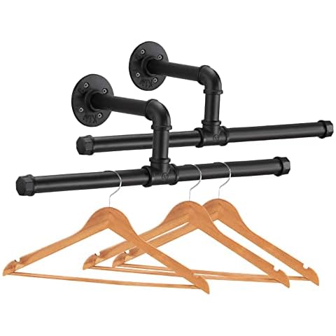 Elibbren Industrial Pipe Floating Clothing Rack Wall Mounted, Commercial or Residential Wardrobe Clothes Display, Heavy Duty Rustic Vintage Steel Black Metal Garment Bracket Frame, 2 Pack Cover
