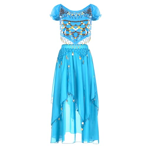 Baisdan Bauchtanz-Kostüm-Set für Damen, Pailletten-Münze, bauchfreies Top mit Bauchtanz-Chiffon-Rock, Karnevals-Performance-Outfits, hellblau,...